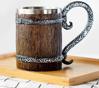 Arola Handmade Wooden Barrel Beer Mug, Stainless Steel Vintage Beer Cup, Medieval Drinkware Mug for Coffee/Beverage/Juice17oz Gift for Men.