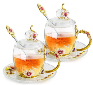SHEEYEE Vintage Glass Tea Cups and Saucers Sets
